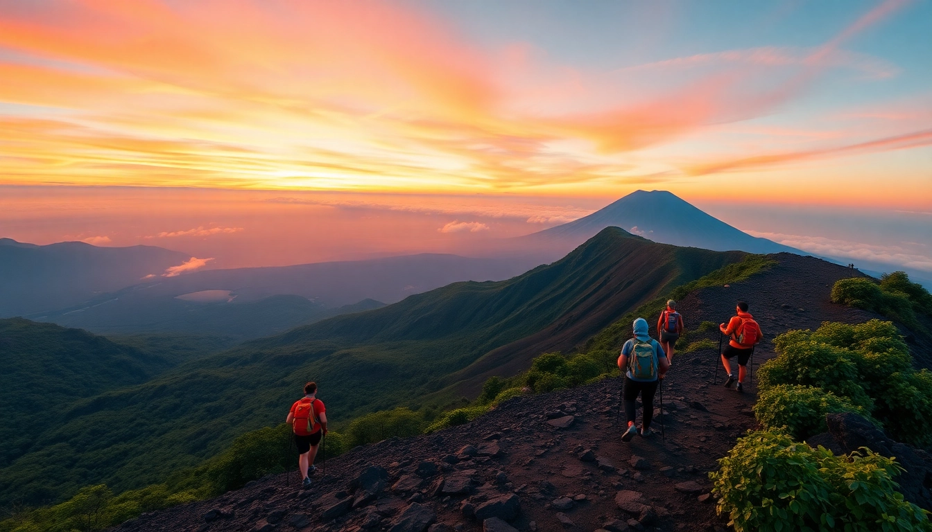 Hikers ascending Mount Rinjani at sunrise with vibrant sky and lush landscape
