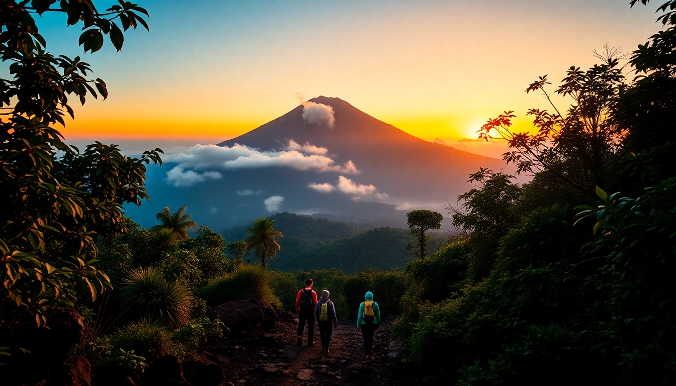An inspiring sunrise scene of hikers ascending Mount Rinjani in lush greenery with misty peaks in the background.