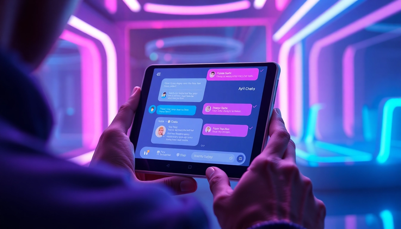 An illustration of a user interacting with a customizable AI chat on a sleek device in a high-tech environment with neon lights.