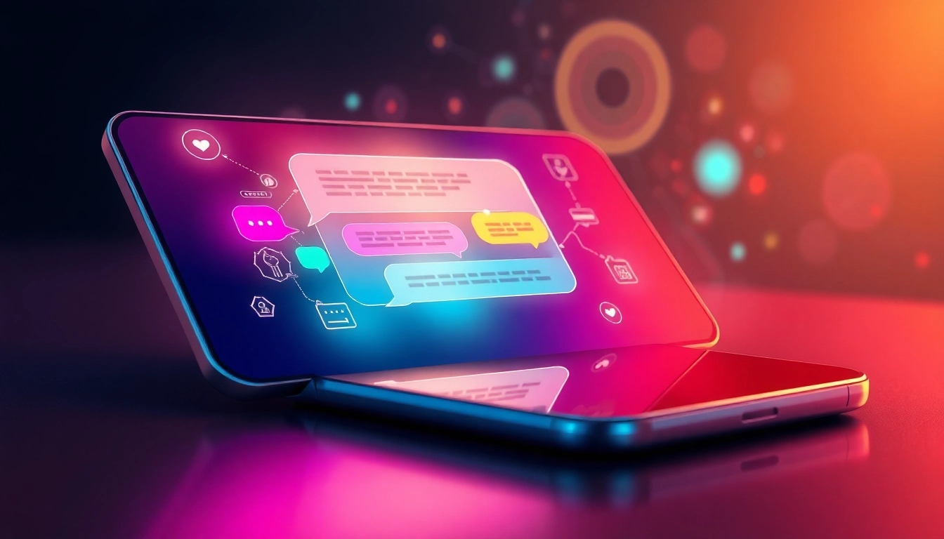 Futuristic AI chatbot interface on a sleek device with glowing speech bubbles and holographic tech elements.
