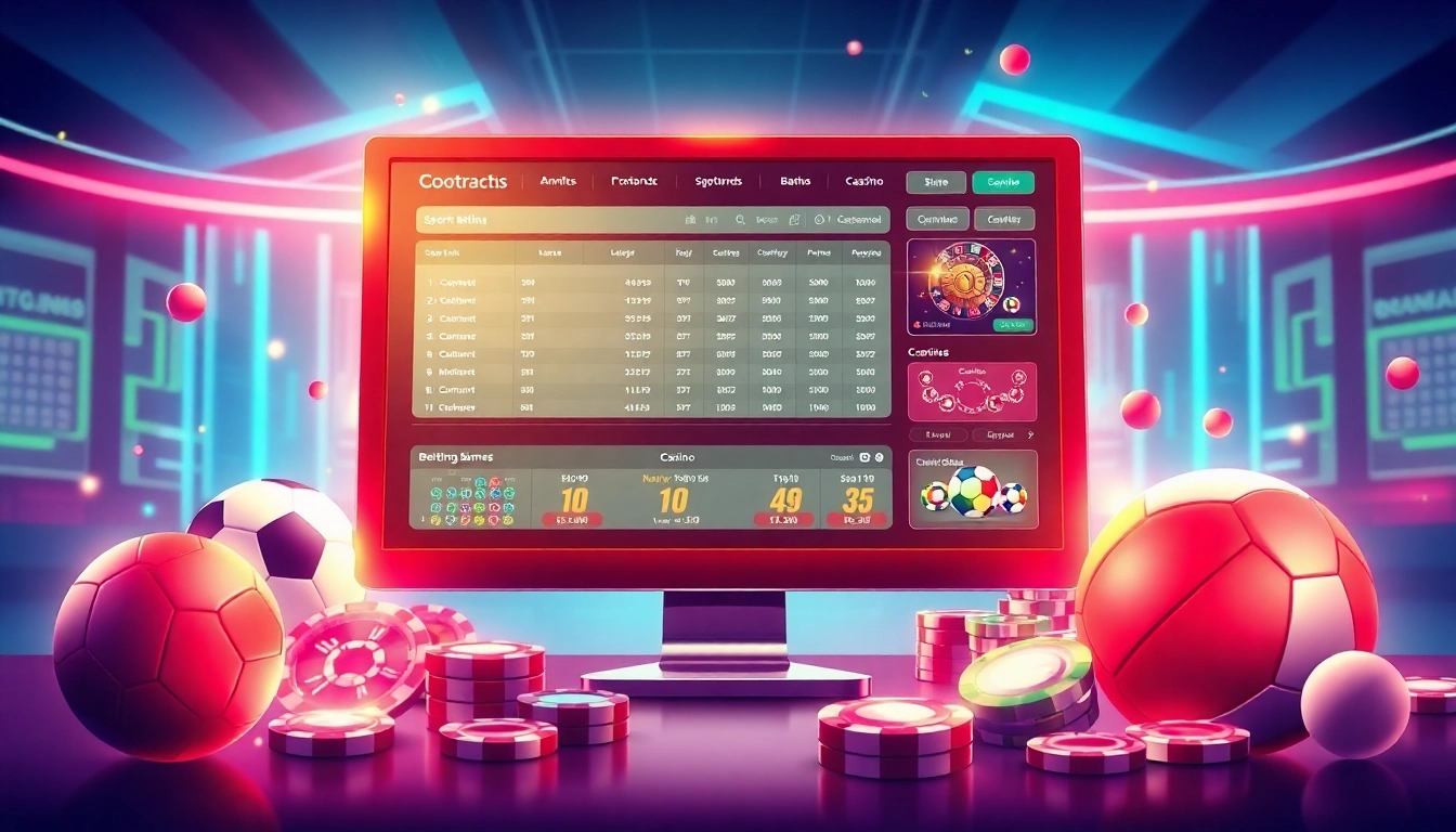 Illustration of a modern online sportsbook and casino platform with vibrant colors and dynamic elements.