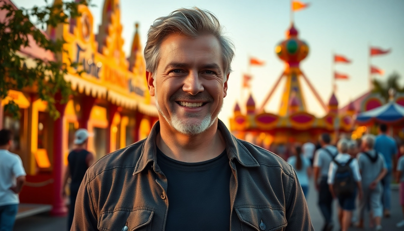 A confident mature man outdoors at sunset with amusement park in the background, smiling warmly.
