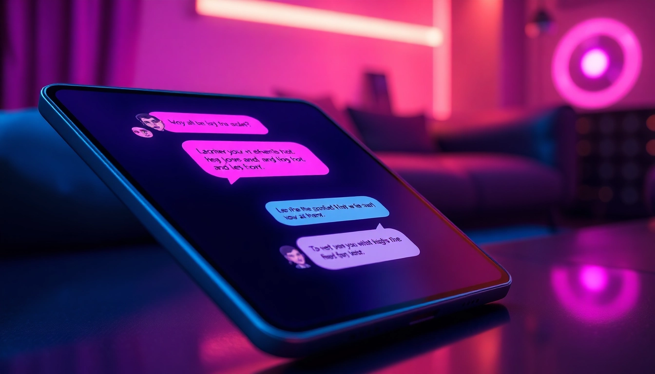 Close-up of smartphones displaying suggestive chat conversations with AI characters in a sleek, neon-lit setting.