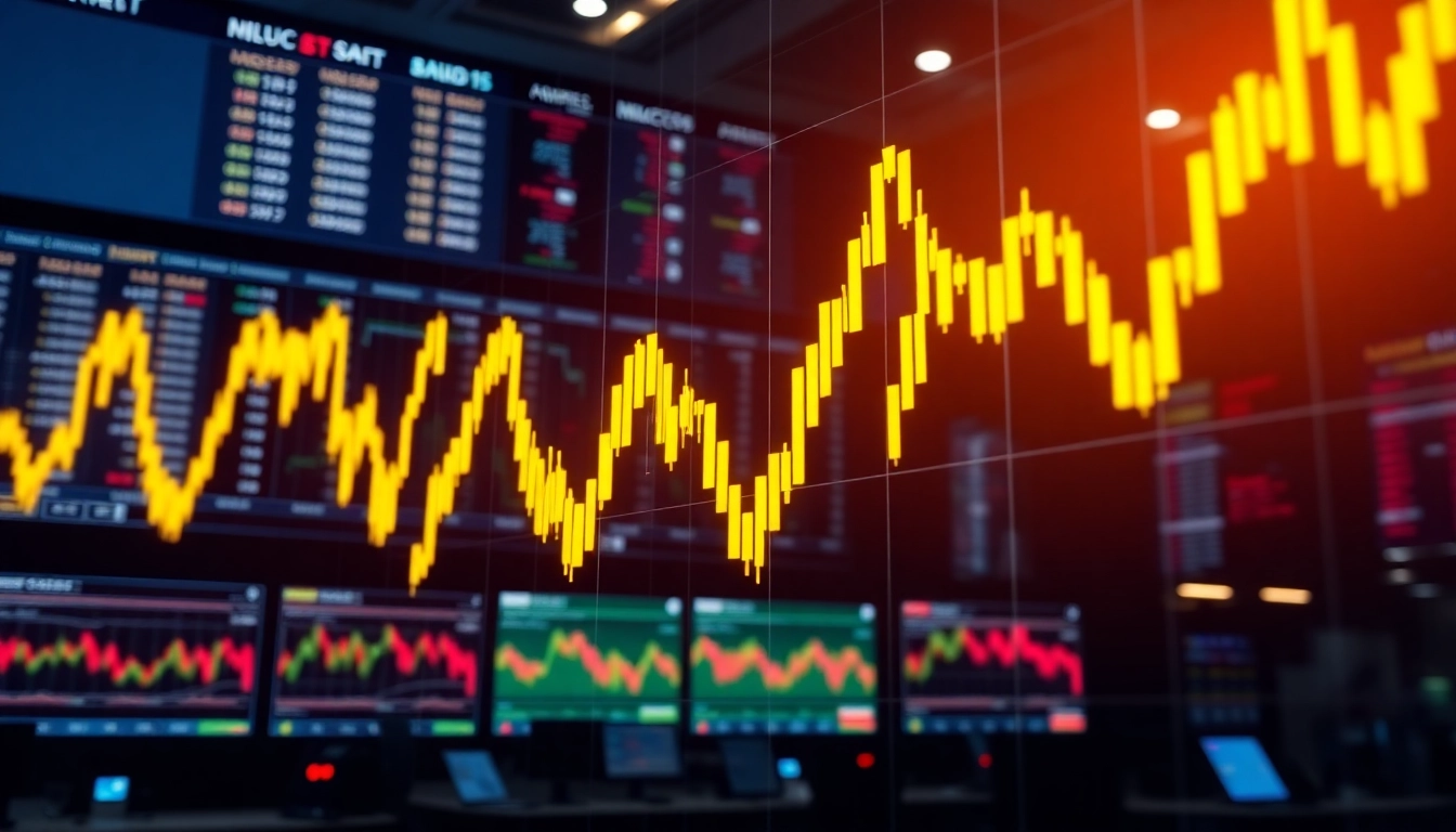 Stock Market Updates with fluctuating charts, rising gold prices, and active trading